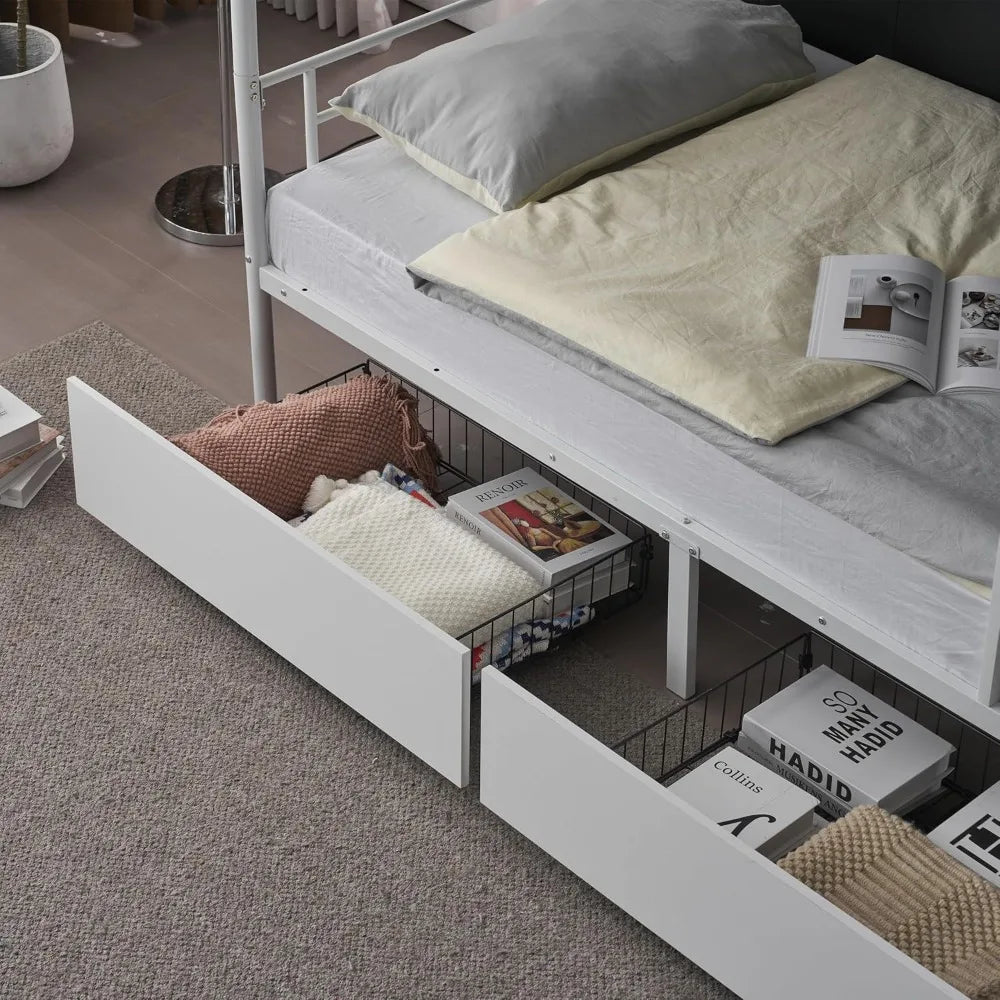 White Bunk Bed Twin Over Twin with 2 Storage Drawers