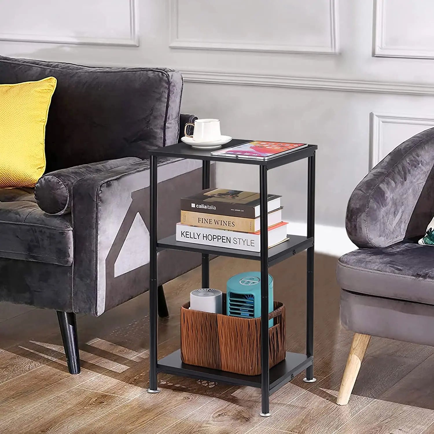 Metal Frame End Table with Storage Shelves