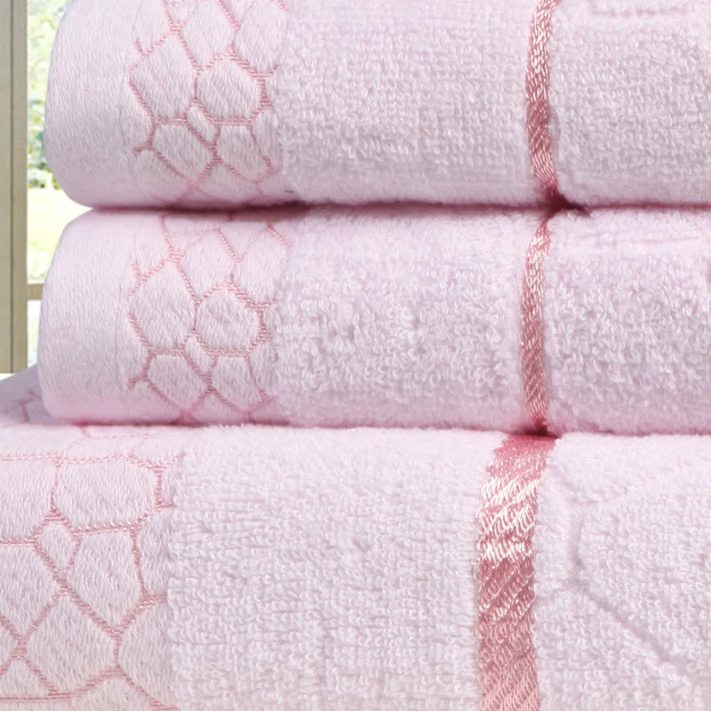 3-Piece 100% Cotton Towel Set - Pink Geometric Design