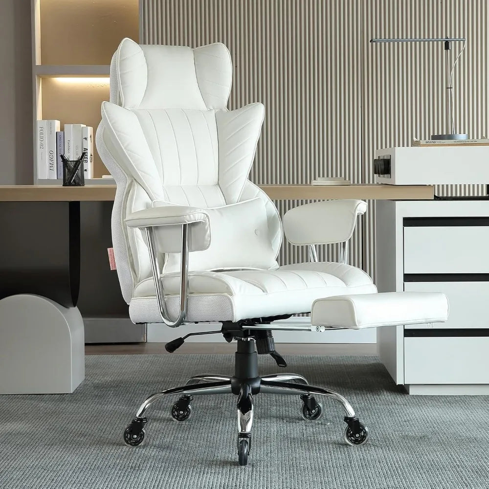 Reclining white office chair with footstool