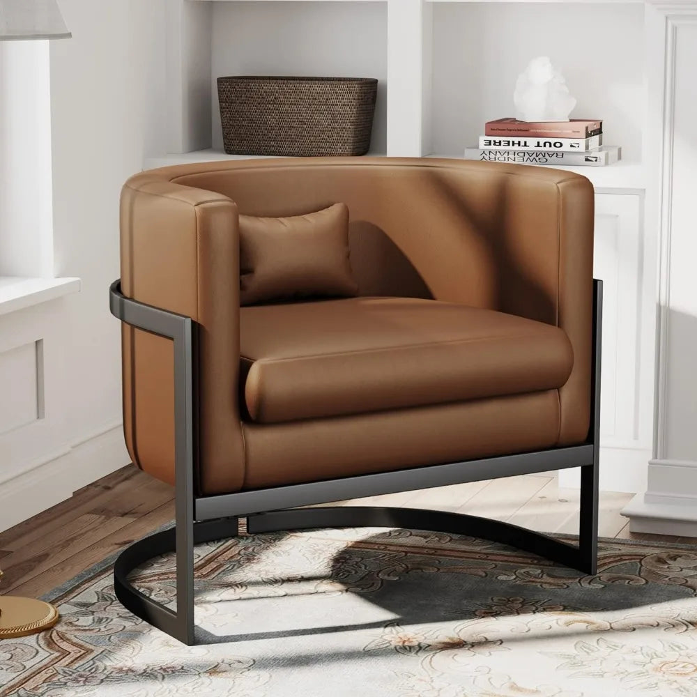 Brown Faux Leather Barrel Accent Chair