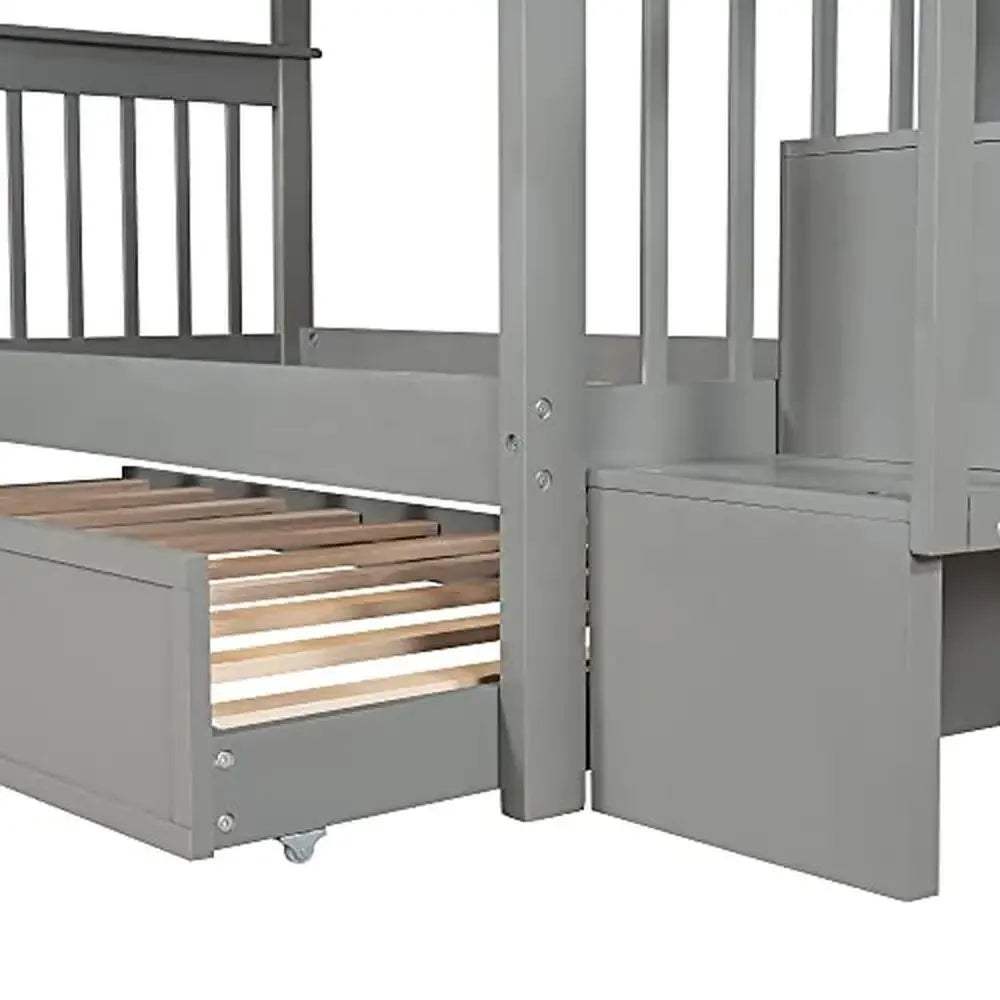 Solid Wood Twin Bunk Bed with Stairs & Trundle Storage