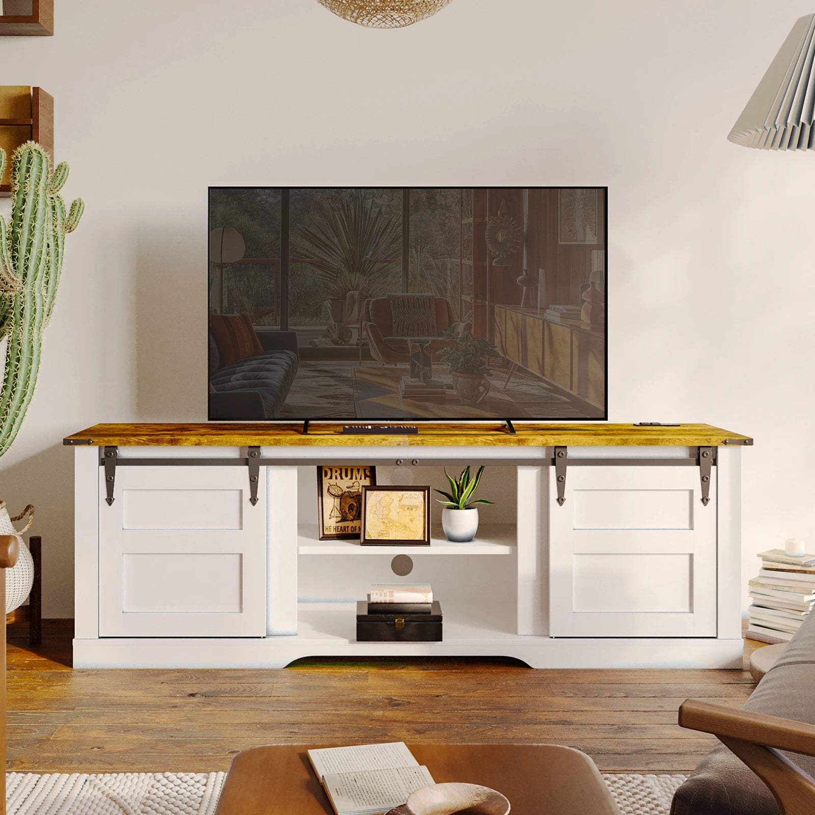 Entertainment Center with Storage Cabinets and Sliding Barn Doors