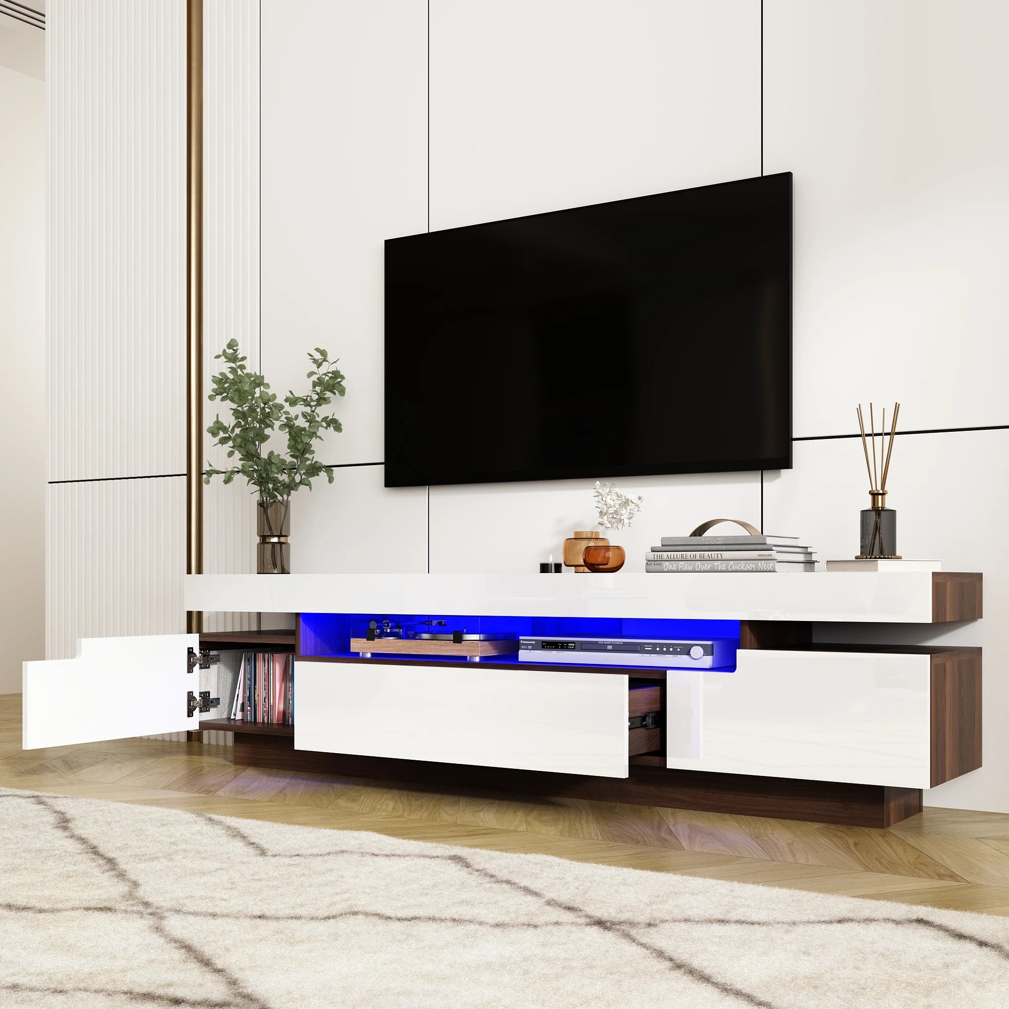 Modern LED TV Cabinet for Living Room, 70IN White TV Stand for 75/80 inch TV