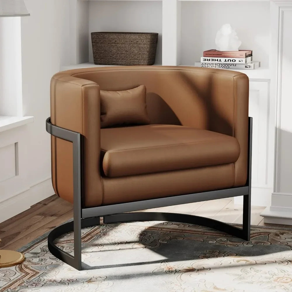 Brown Faux Leather Barrel Accent Chair