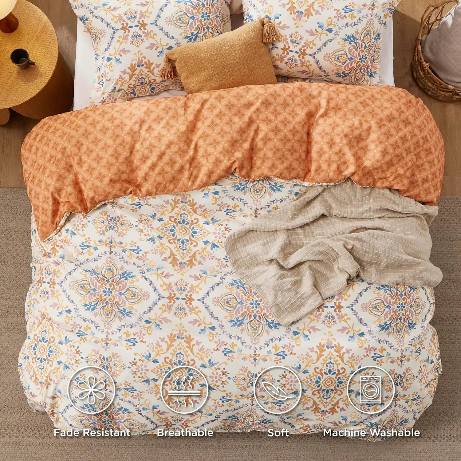 Reversible Bohemian Orange Duvet Cover Set with Zipper Closure