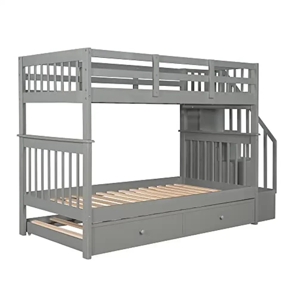 Solid Wood Twin Bunk Bed with Stairs & Trundle Storage