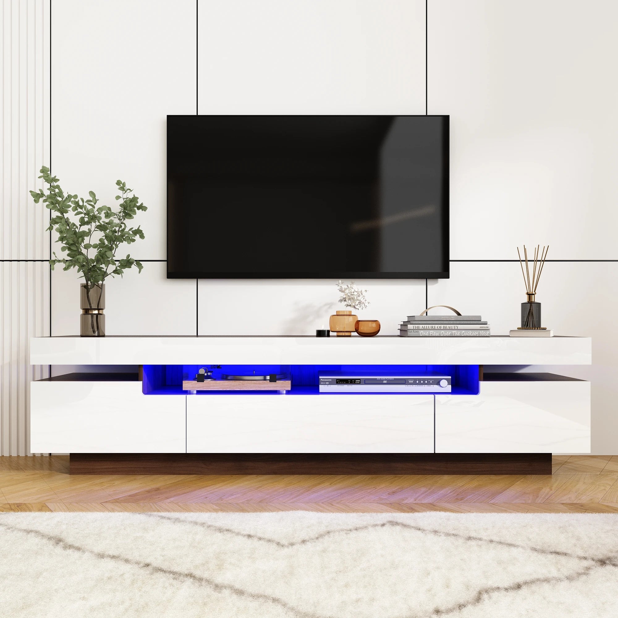 Modern LED TV Cabinet for Living Room, 70IN White TV Stand for 75/80 inch TV