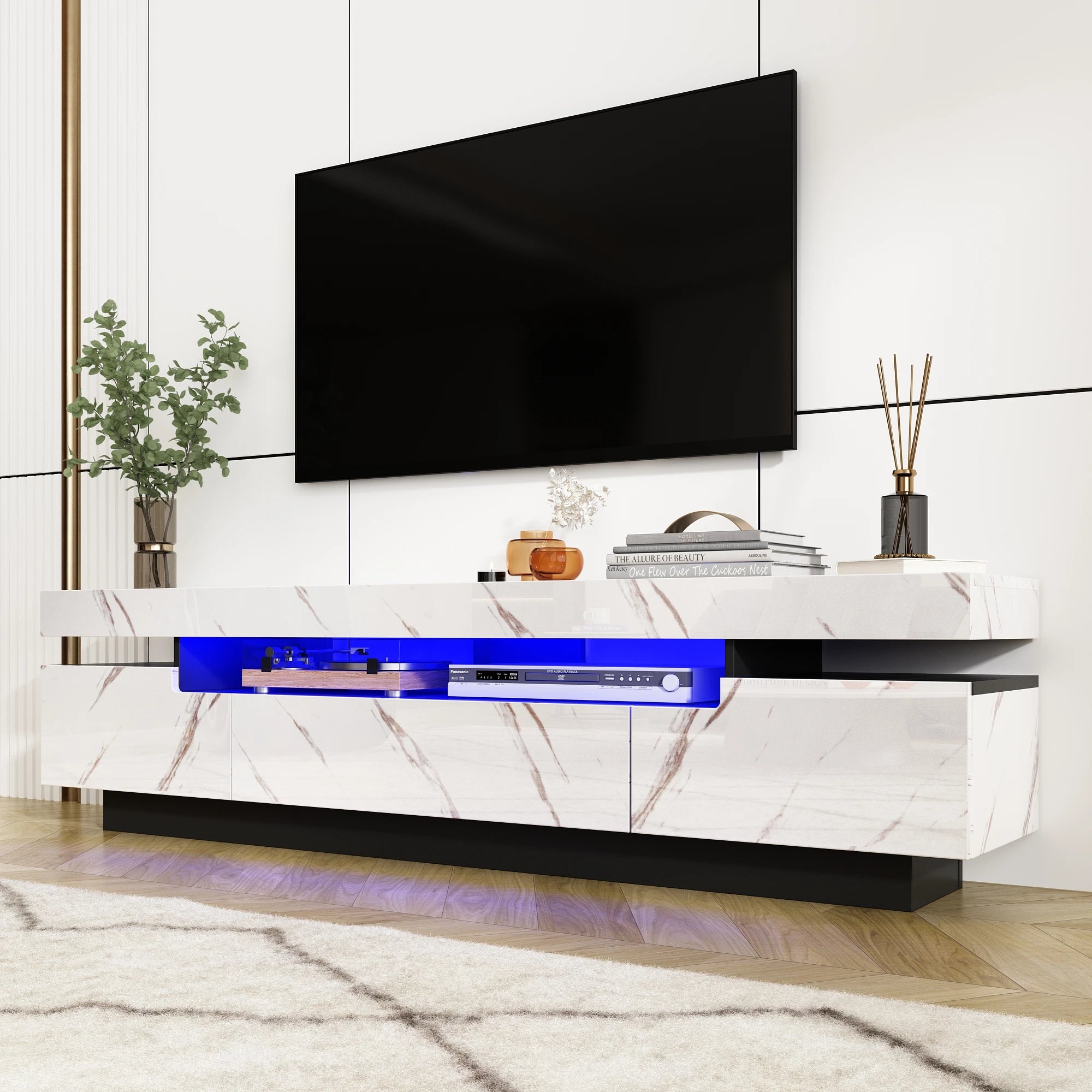 Modern LED TV Cabinet for Living Room, 70IN White TV Stand for 75/80 inch TV