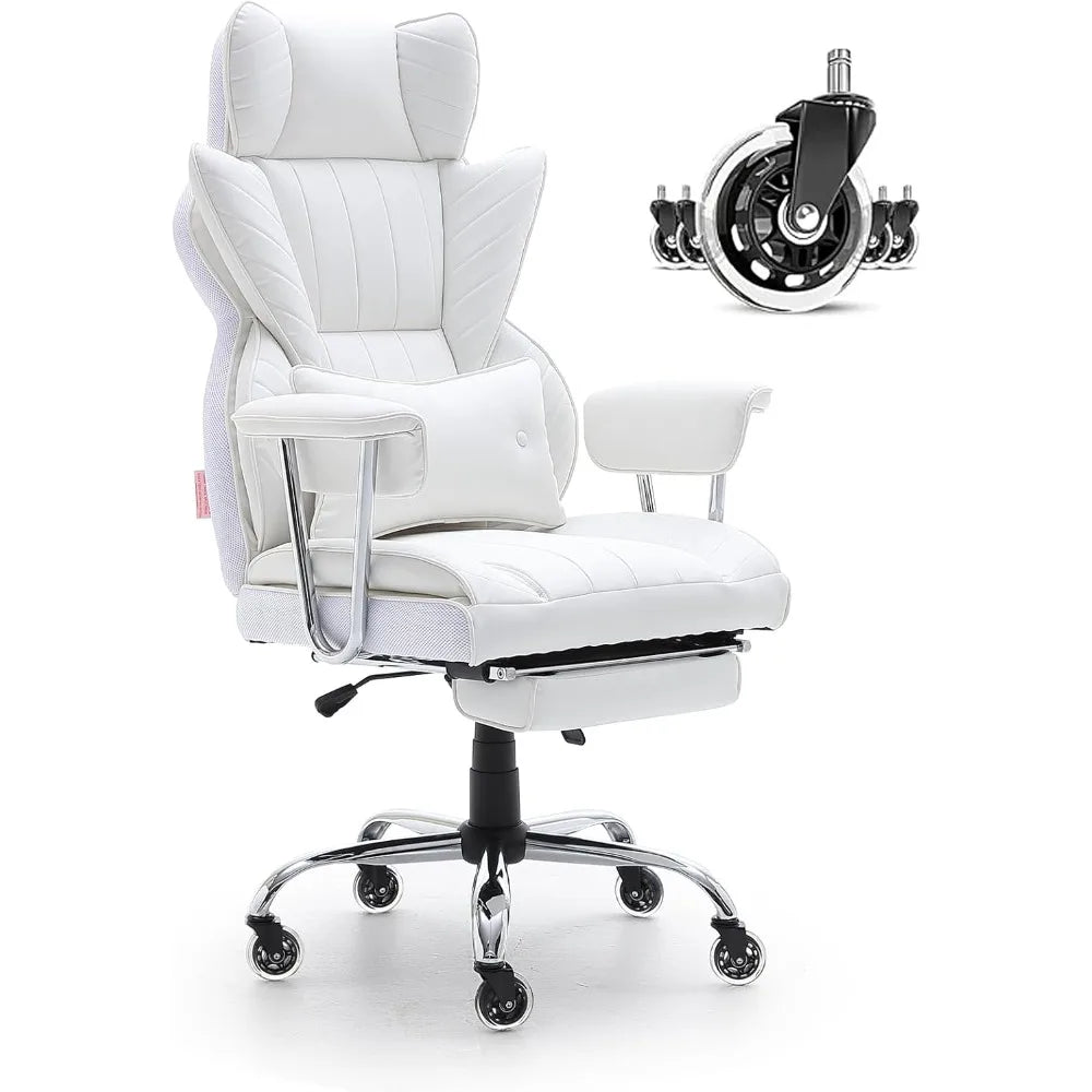 Reclining white office chair with footstool