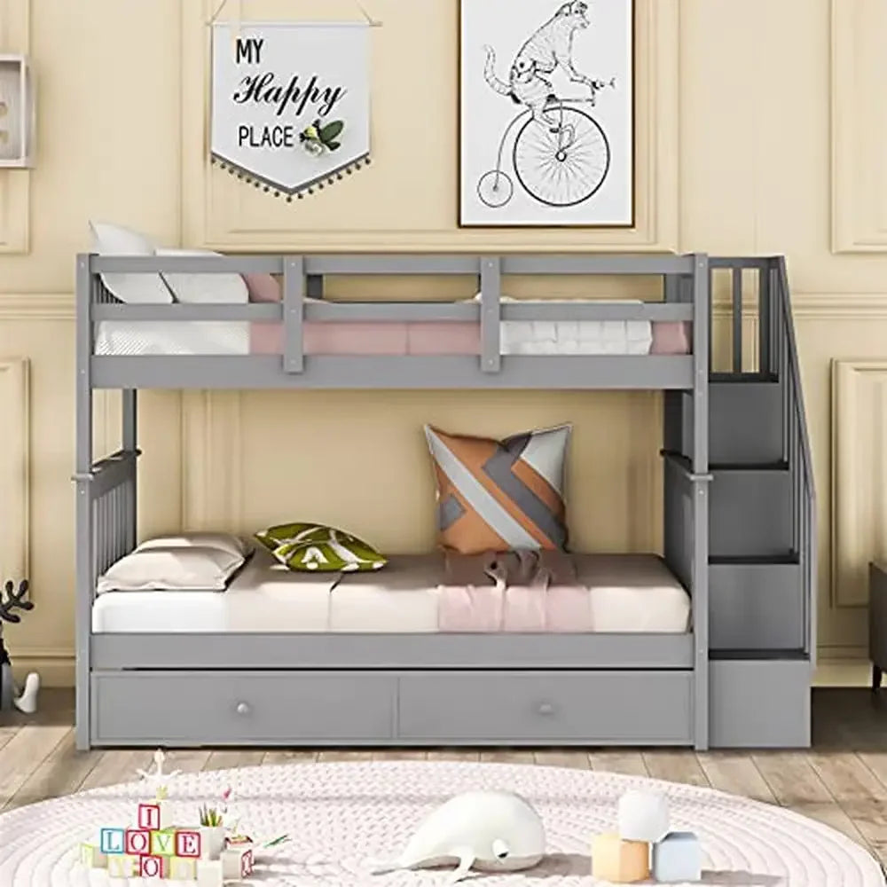 Solid Wood Twin Bunk Bed with Stairs & Trundle Storage