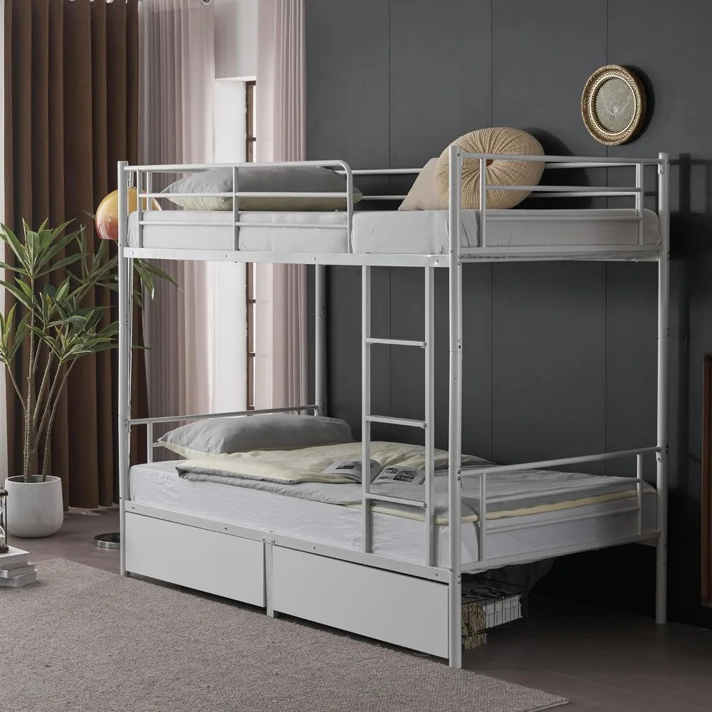 White Bunk Bed Twin Over Twin with 2 Storage Drawers