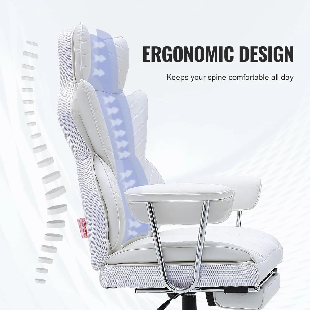 Reclining white office chair with footstool