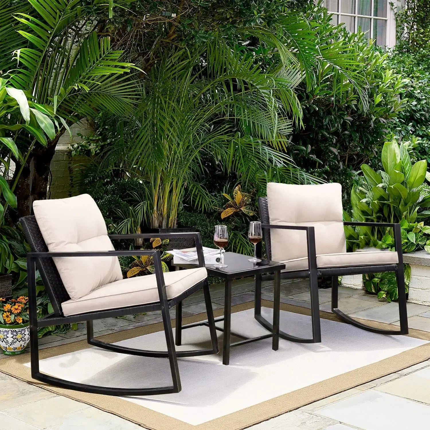 3-Piece Rocking Wicker Bistro Set with Glass Table