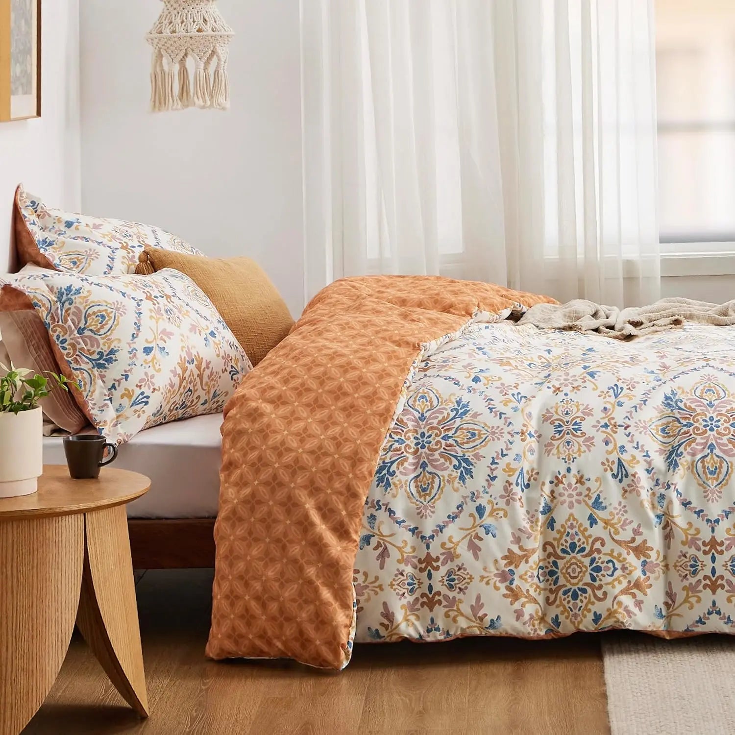 Reversible Bohemian Orange Duvet Cover Set with Zipper Closure