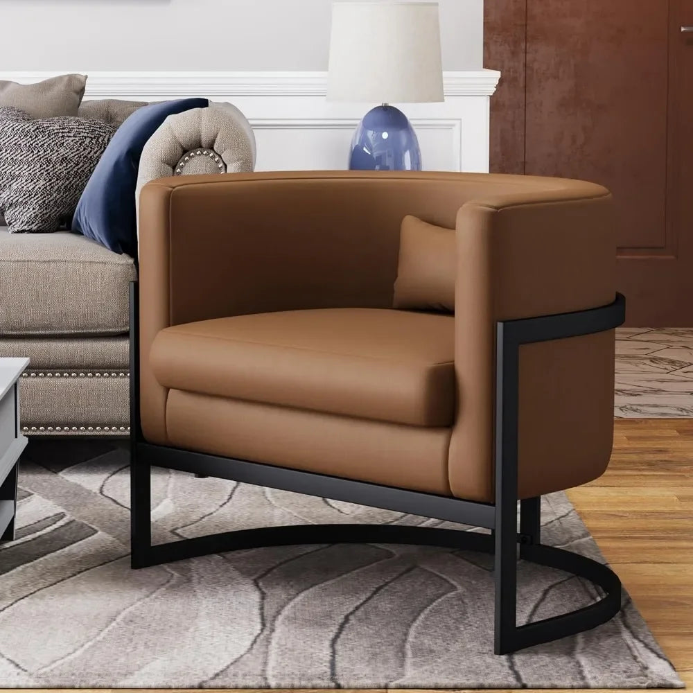 Brown Faux Leather Barrel Accent Chair