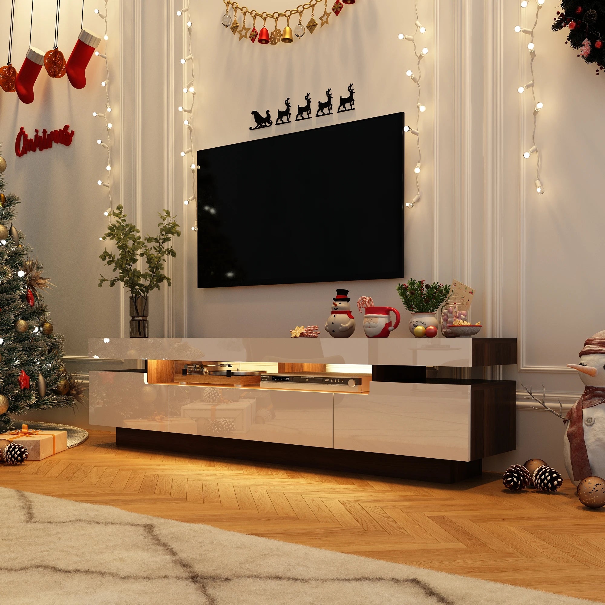 Modern LED TV Cabinet for Living Room, 70IN White TV Stand for 75/80 inch TV