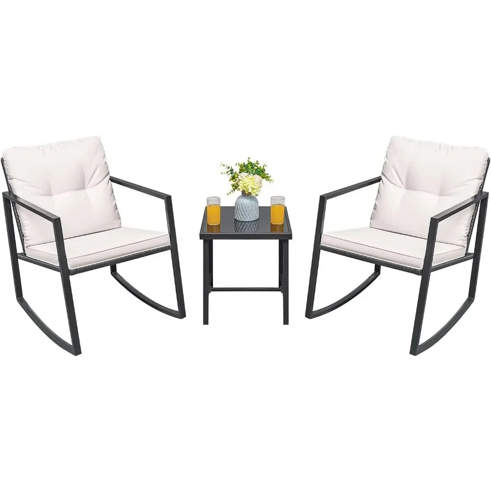 3-Piece Rocking Wicker Bistro Set with Glass Table