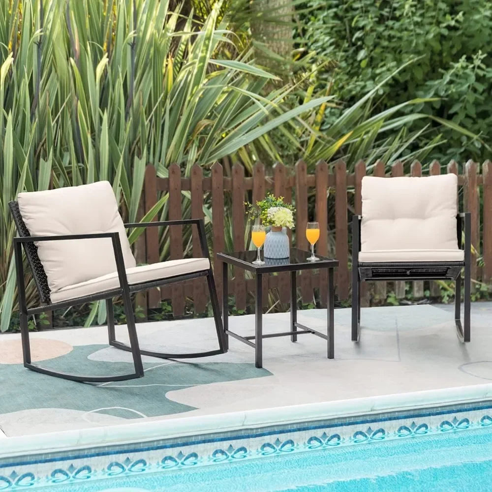 3-Piece Rocking Wicker Bistro Set with Glass Table