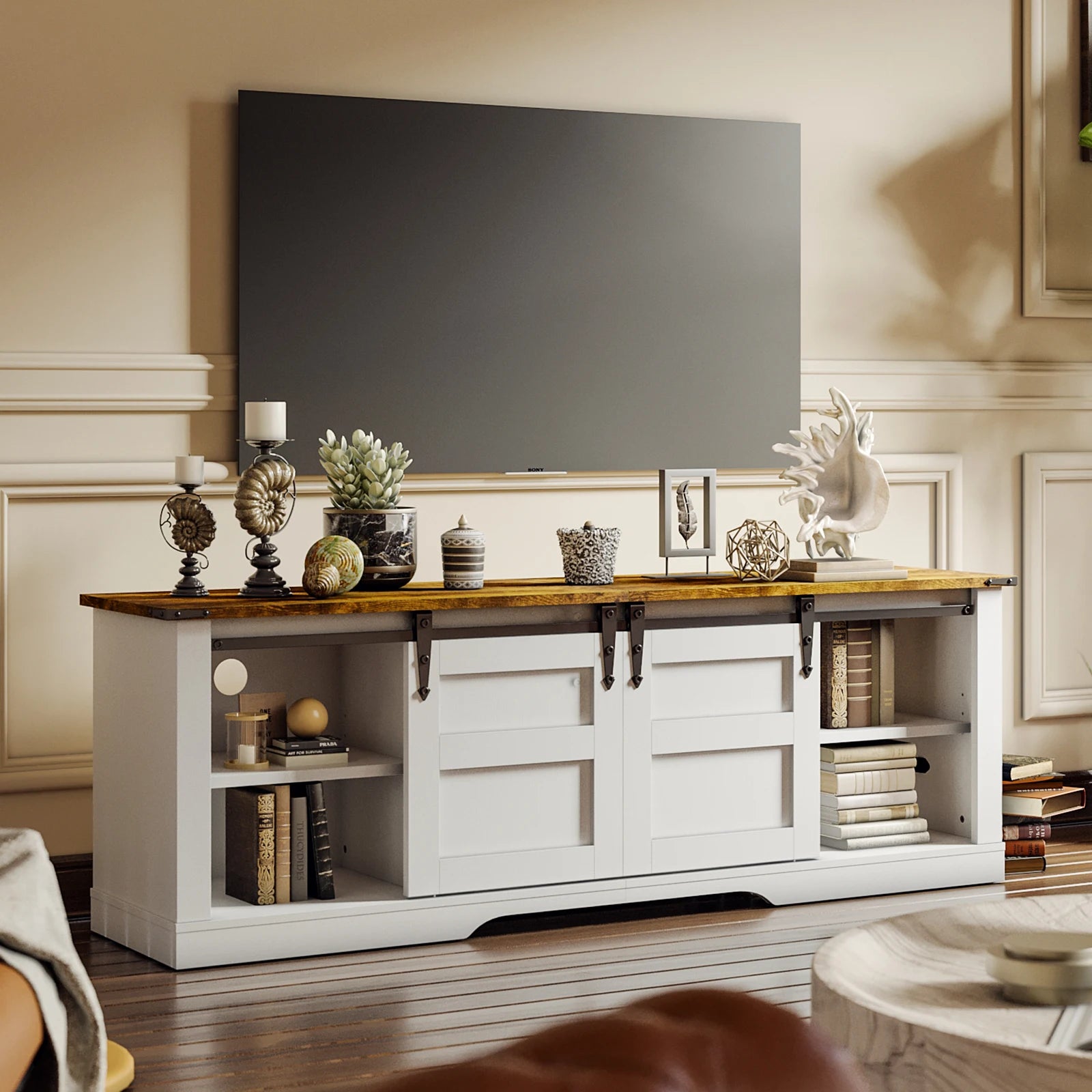 Entertainment Center with Storage Cabinets and Sliding Barn Doors