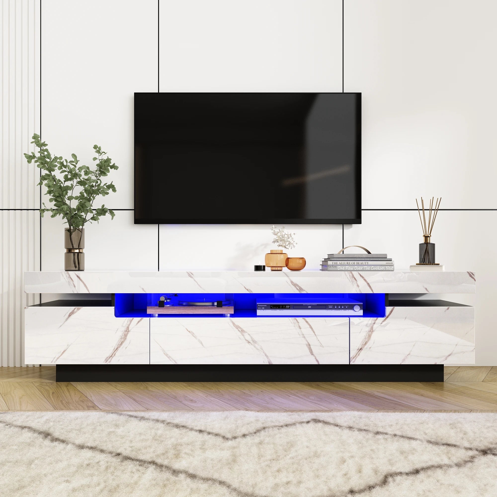 Modern LED TV Cabinet for Living Room, 70IN White TV Stand for 75/80 inch TV